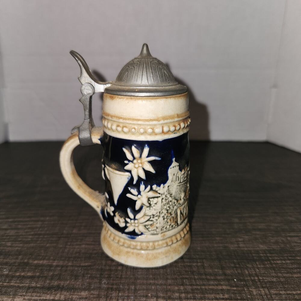 Vintage Wekara German Beer Stein Cobalt Blue Nurnberg Relief Pewter Lid 0.25L